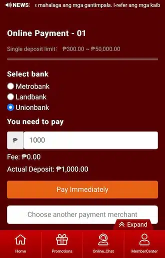 Step 2: Select a bank you want to pay from and fill in the amount deposit.